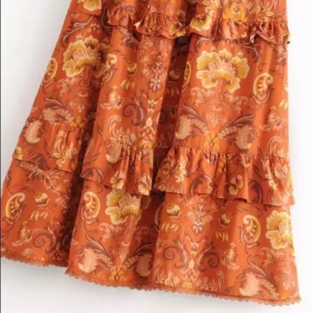 Rust Floral Bohemian Gypsy Ruffle Tier Maxi Skirt - Picture 6 of 8